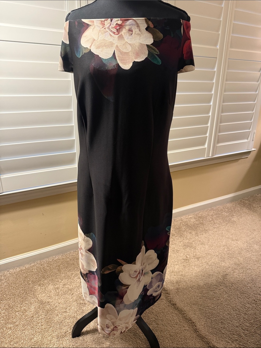 SLNY Black Strapless Floral Midi Dress